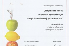 Dyplom - "Najnowsze trendy w leczeniu żywieniowym alergii i  nietolerancji pokarmowych"